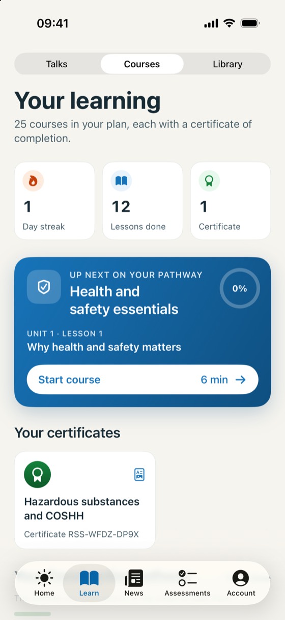The Learn screen showing a day streak, lessons done, a certificate and the next course on the pathway