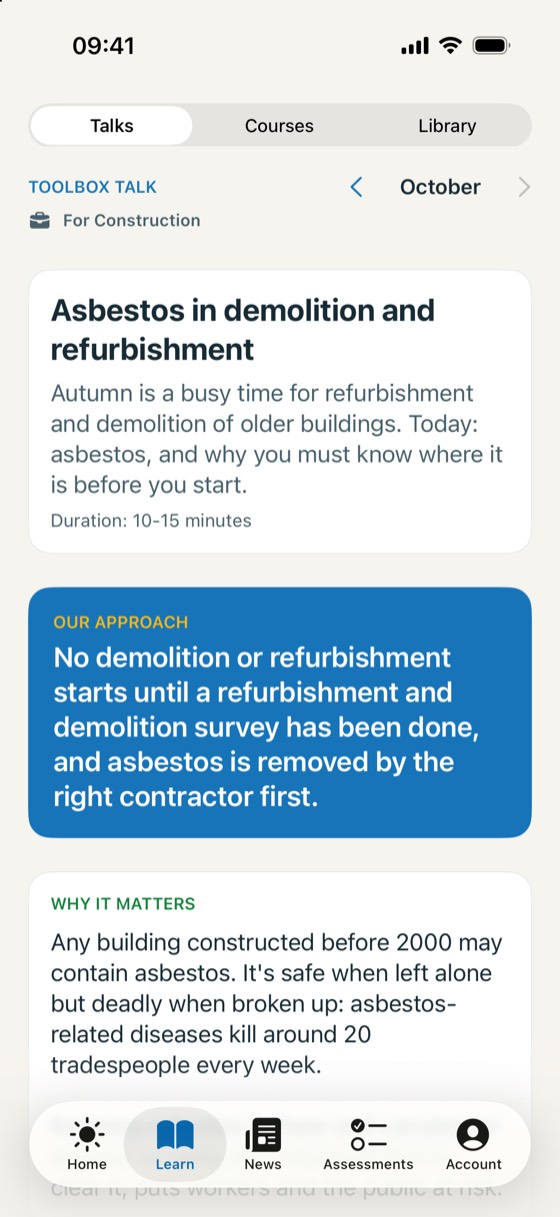 A toolbox talk on asbestos in demolition and refurbishment, with the approach and why it matters